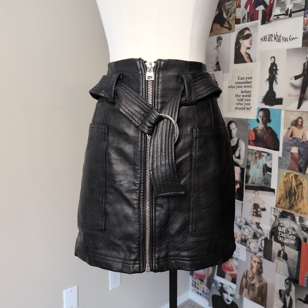 Faux Leather Belted Zip Front Mini Skirt
